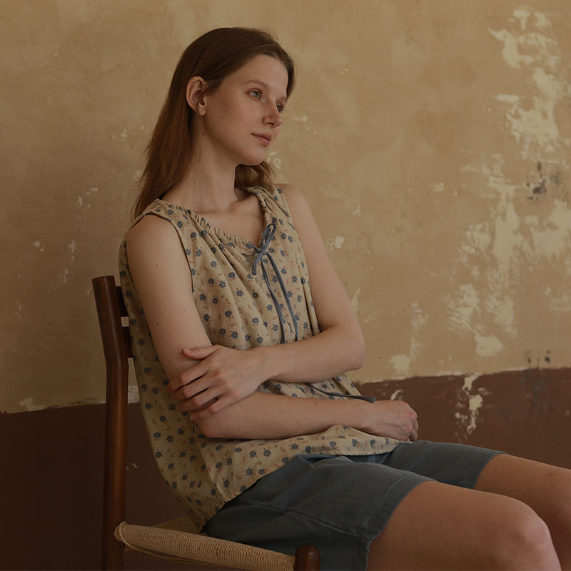 女夏舒適蝴蝶結無袖撞色印花居家套裝