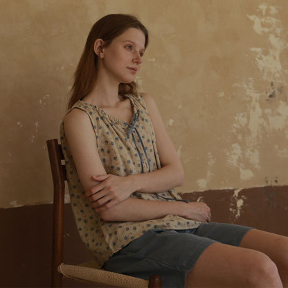 女夏舒適蝴蝶結無袖撞色印花居家套裝