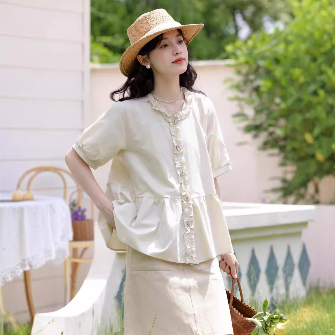 夏拼接木耳邊圓領短袖襯衣