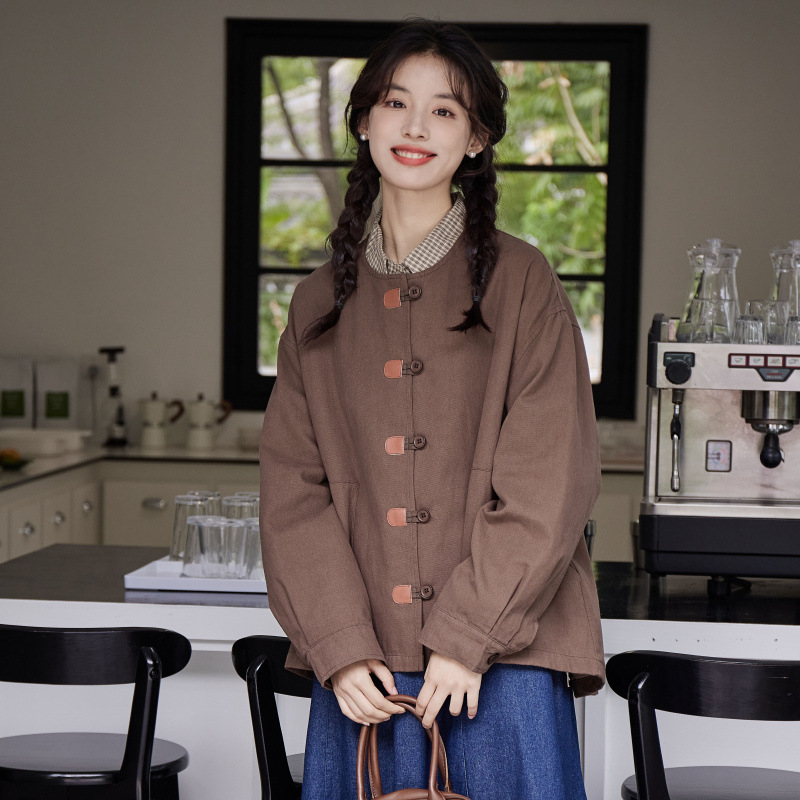 女士秋季日系復古盤口圓領外套