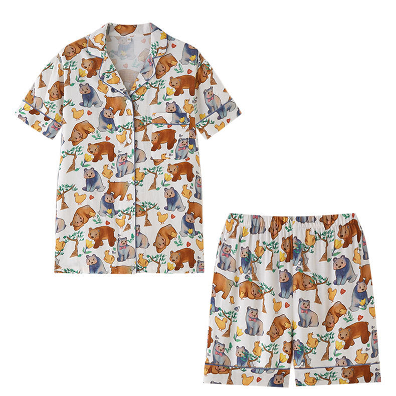 女士竹棉紗萌貓印花短袖短褲睡衣套裝