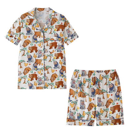 女士竹棉紗萌貓印花短袖短褲睡衣套裝