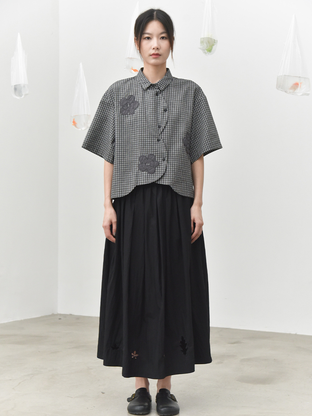 女拼貼花朵文藝格子短袖襯衫