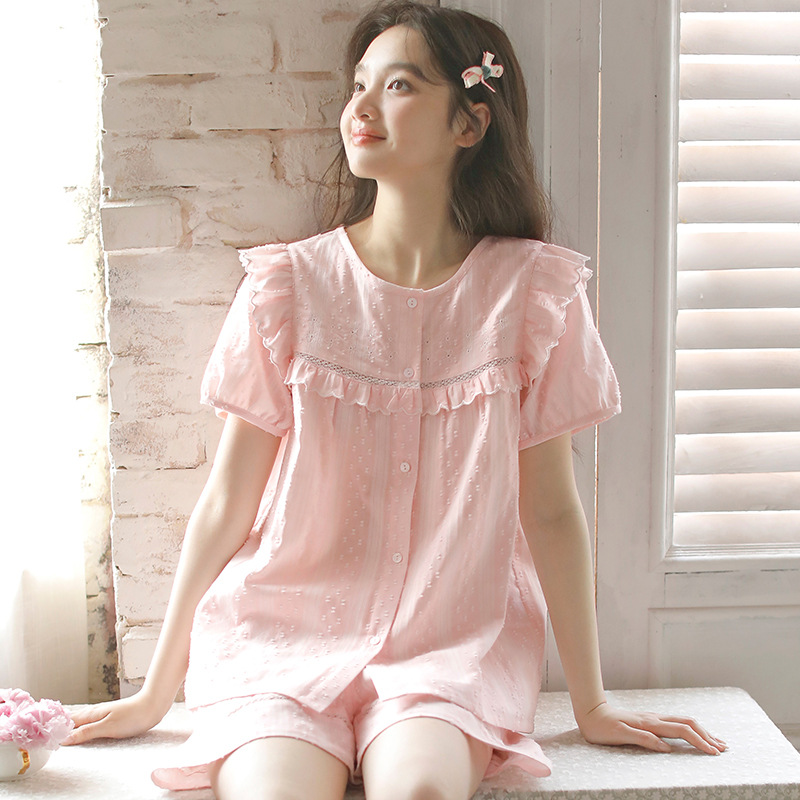 女款棉紗法式甜美短袖短褲睡衣套裝