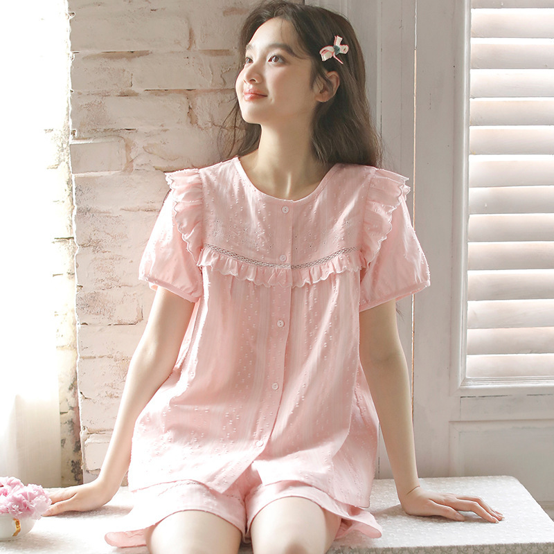 女款棉紗法式甜美短袖短褲睡衣套裝