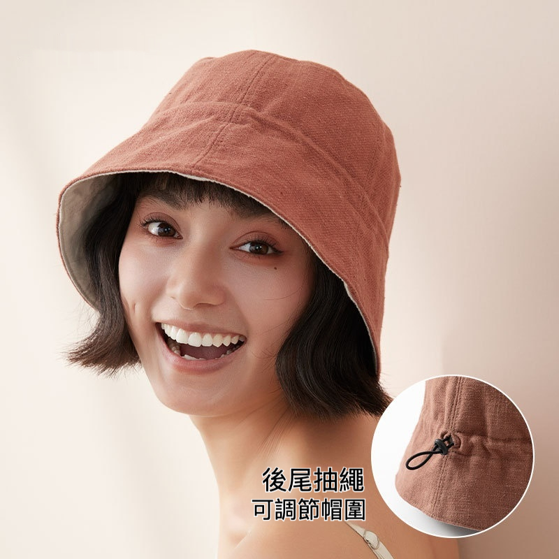 棉麻大頭圍抽繩雙面漁夫帽