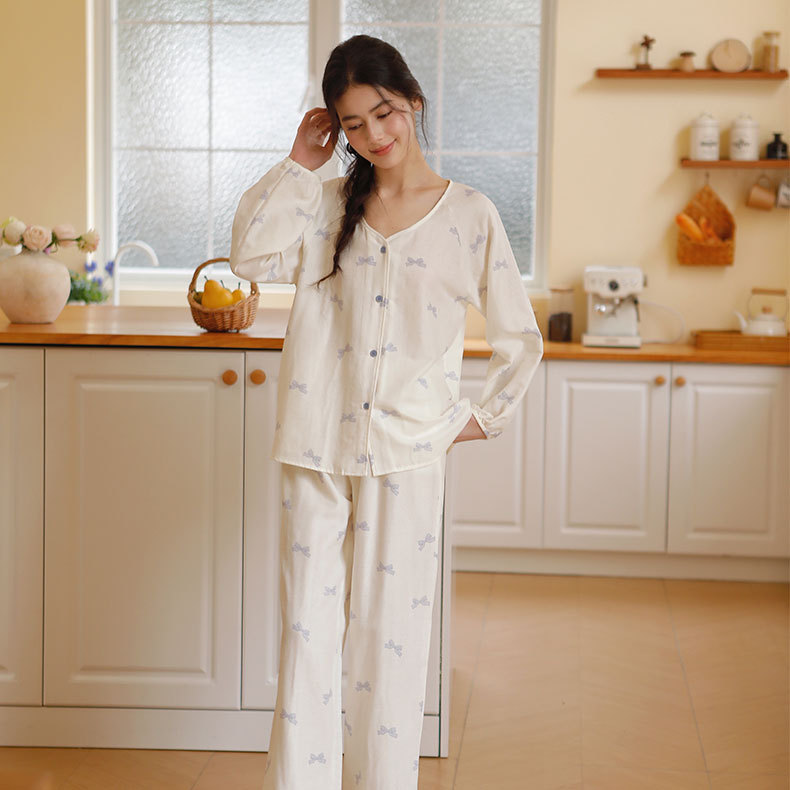 女無領長袖蝴蝶結印花睡衣套裝