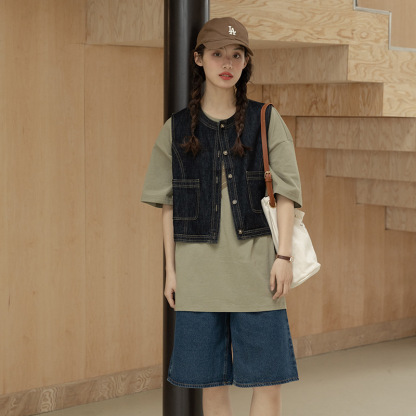 女士春秋短款明線設計牛仔馬甲