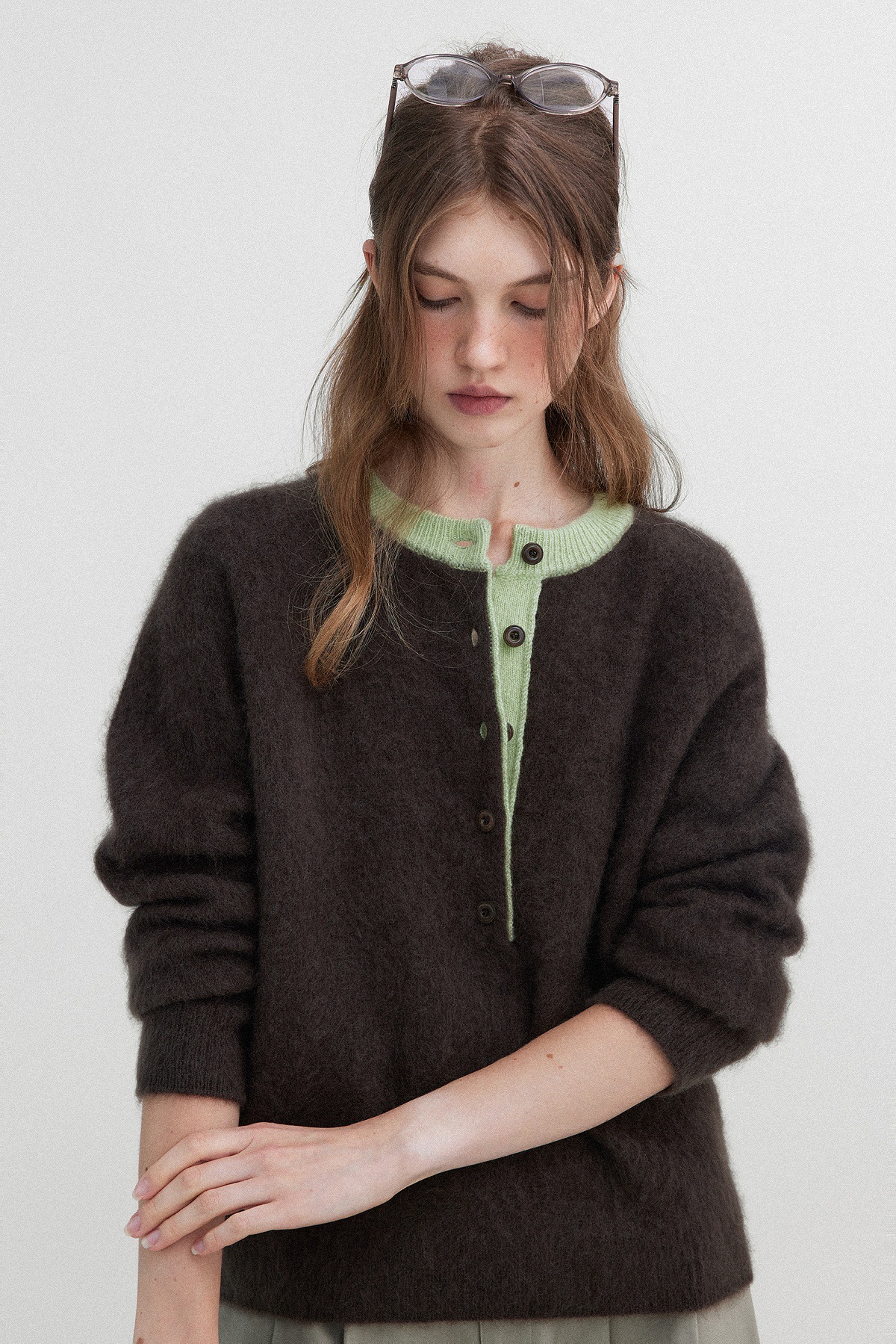 女士復古羊毛絨半開門襟毛衣