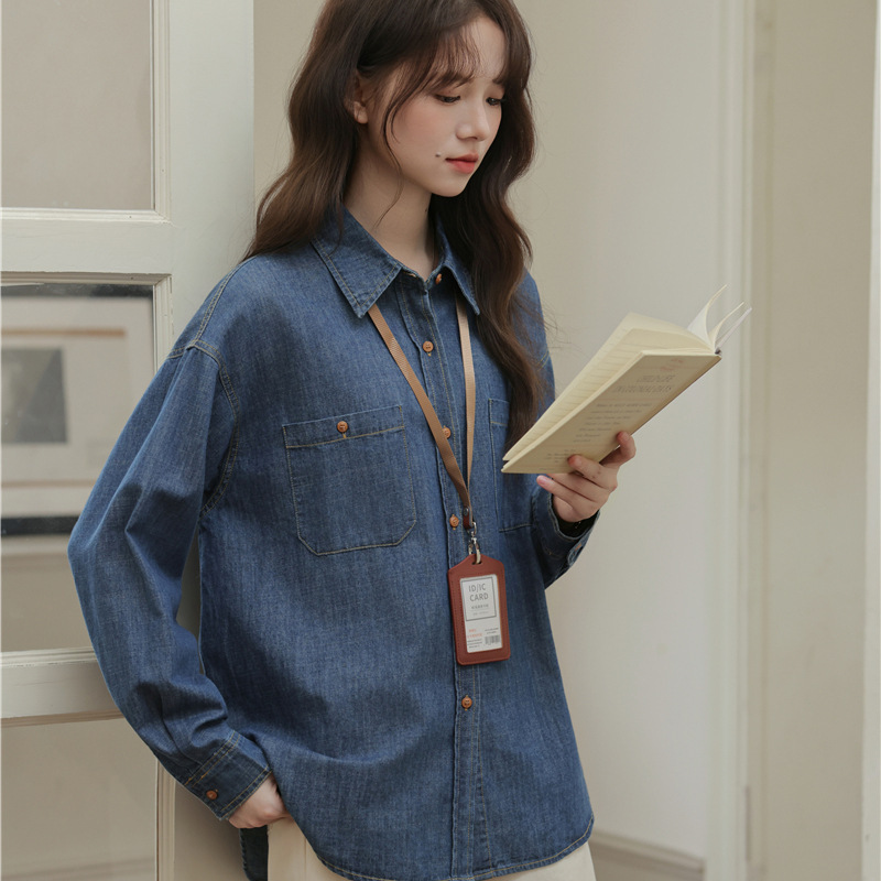 女士秋季日系V領單排扣針織馬甲+牛仔長袖襯衫