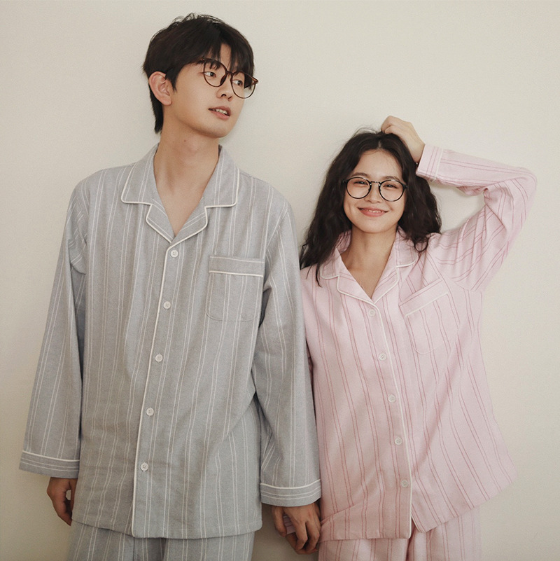 女士春秋冬情侶款純棉磨毛細條長袖長褲居家服