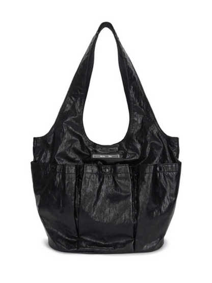 褶皺雙口袋單肩托特包