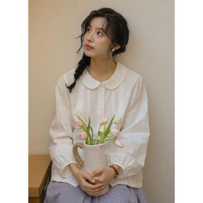 女士秋季日系娃娃領白襯衫+牛仔馬甲