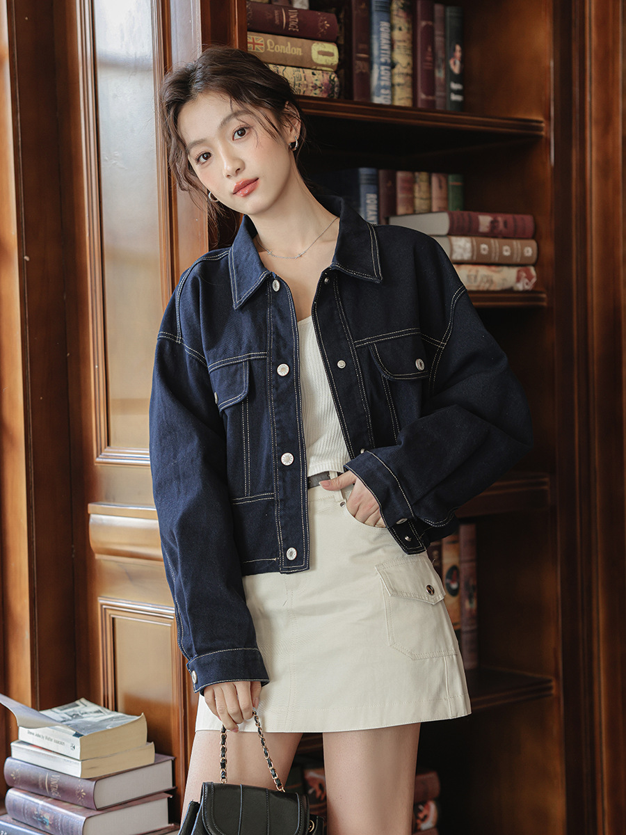 女士春秋明線抽繩工裝牛仔外套