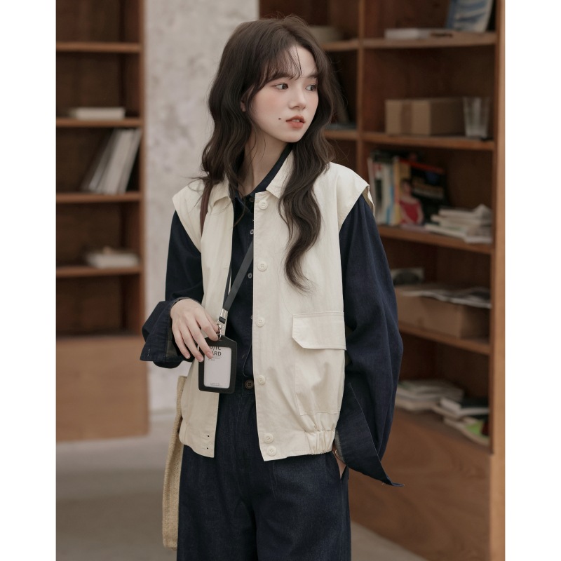 女士春秋大口袋工裝米白色馬甲+藏青色襯衫