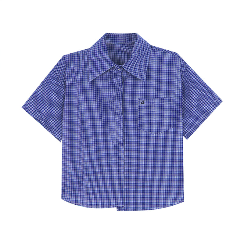 女夏刺繡格子短袖襯衫