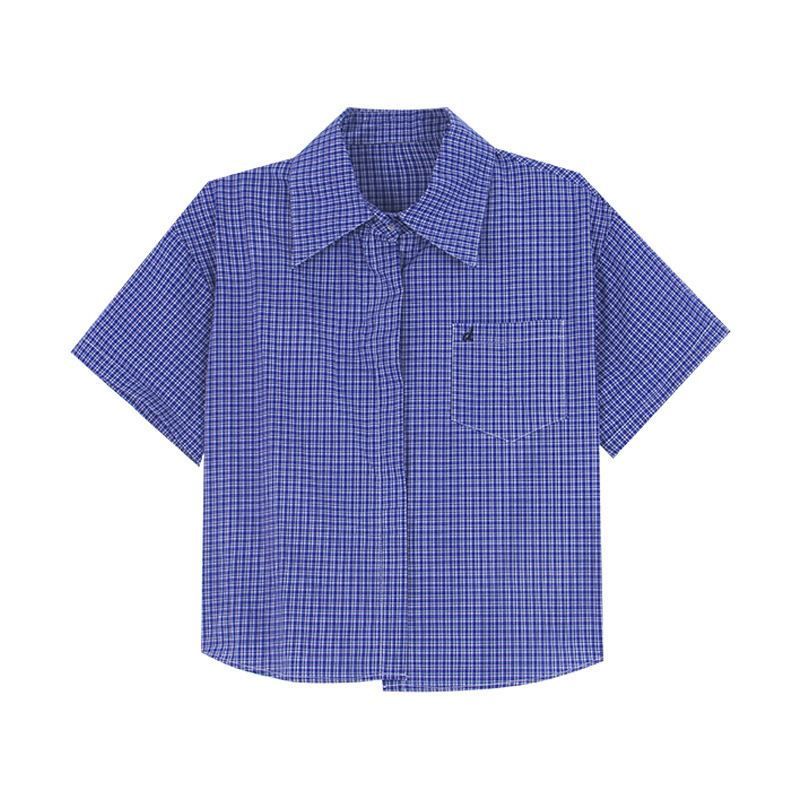 女夏刺繡格子短袖襯衫