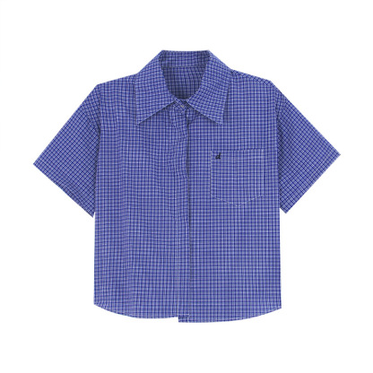 女夏刺繡格子短袖襯衫