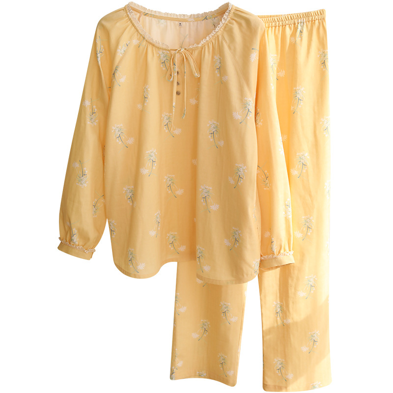 女春純棉紗布黃色碎花寬鬆居家服