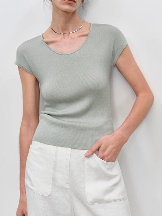 女醋酸天絲U領坑條高彈短袖T恤