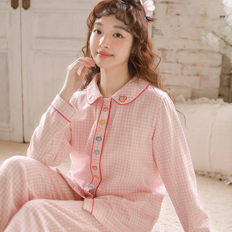 女士紗布長袖套裝簡約格子