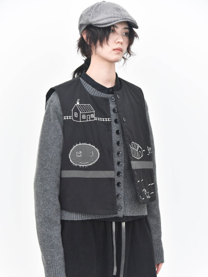 女士秋冬童趣農場刺繡圓領夾棉馬甲