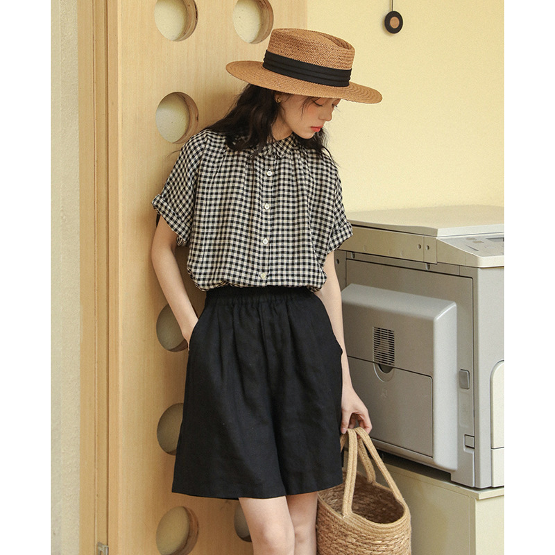 女棉麻高腰阔腿短褲