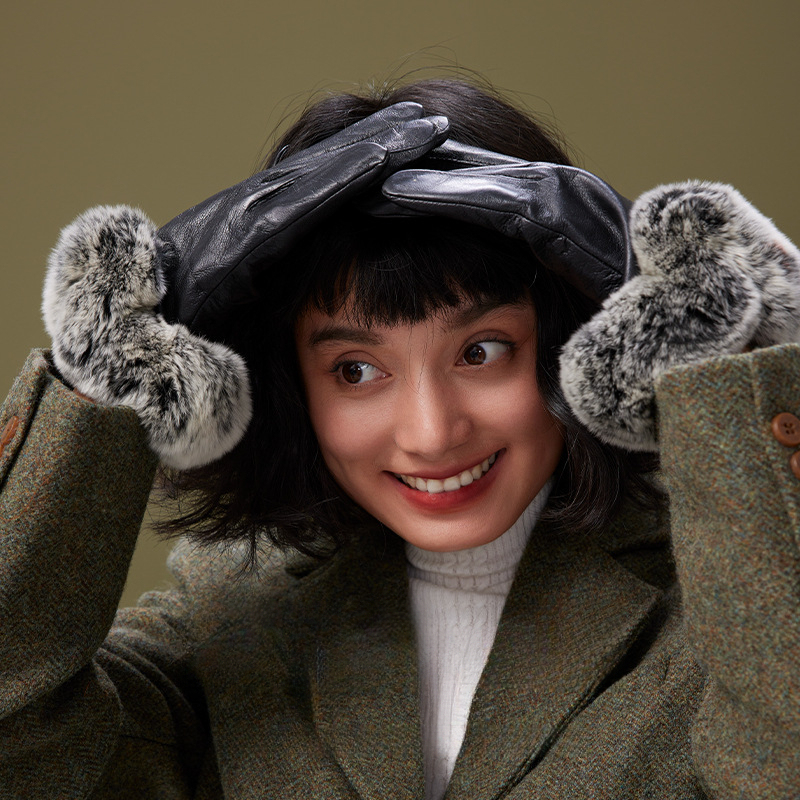 女士小羊皮獺兔毛手套