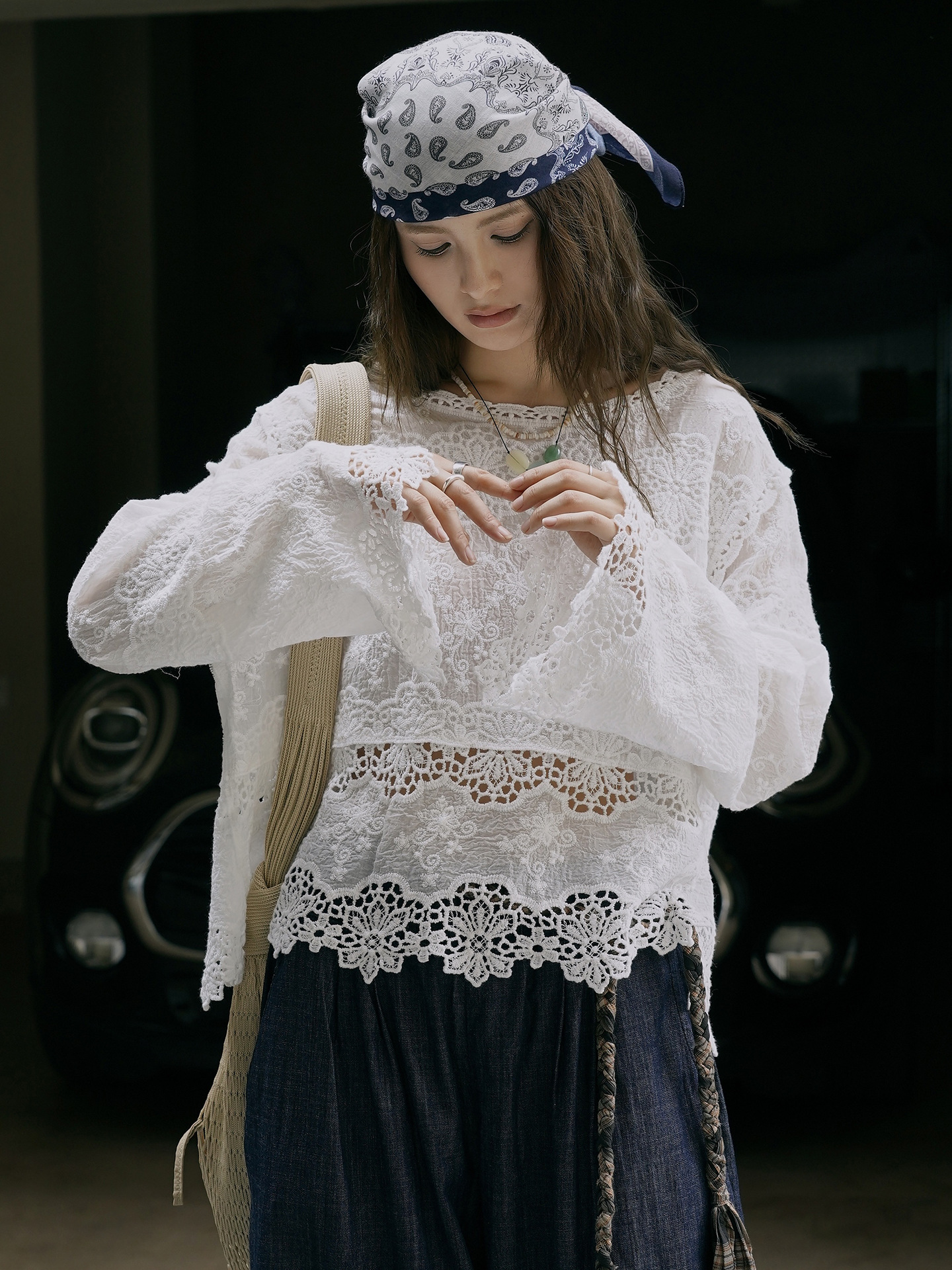 女士夏季蕾絲全棉鏤空長袖T恤