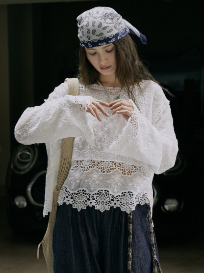 女士夏季蕾絲全棉鏤空長袖T恤