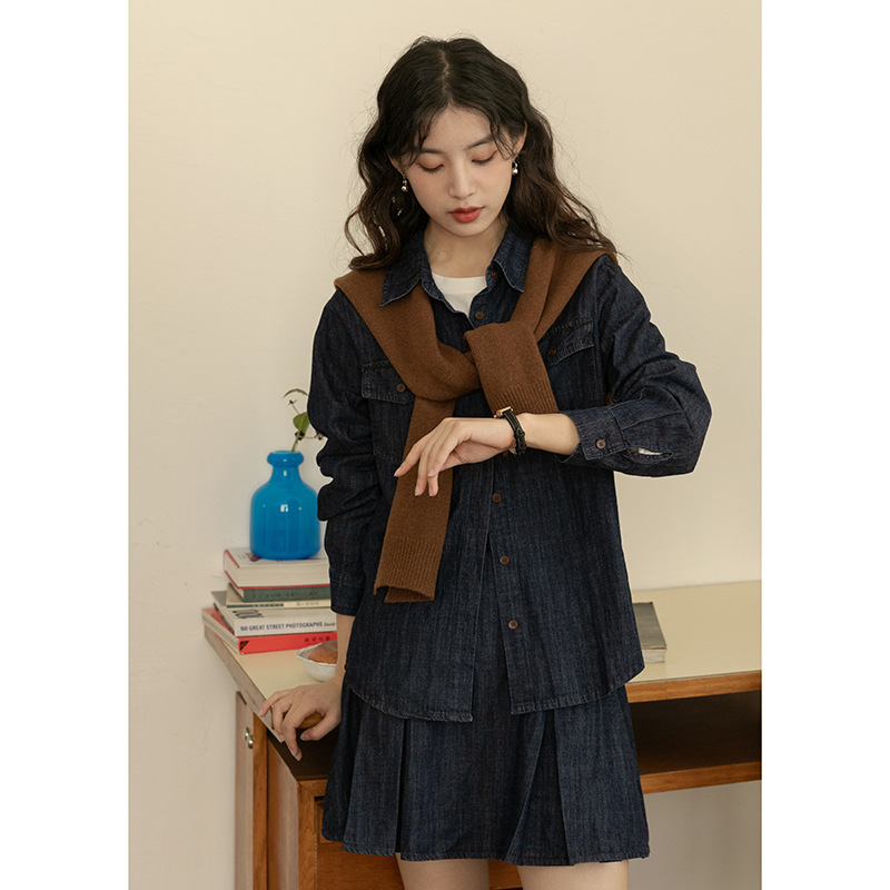 女士春韓系長袖Polo領牛仔襯衫