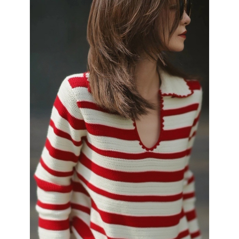 女士秋季紅色條紋U領針織衫