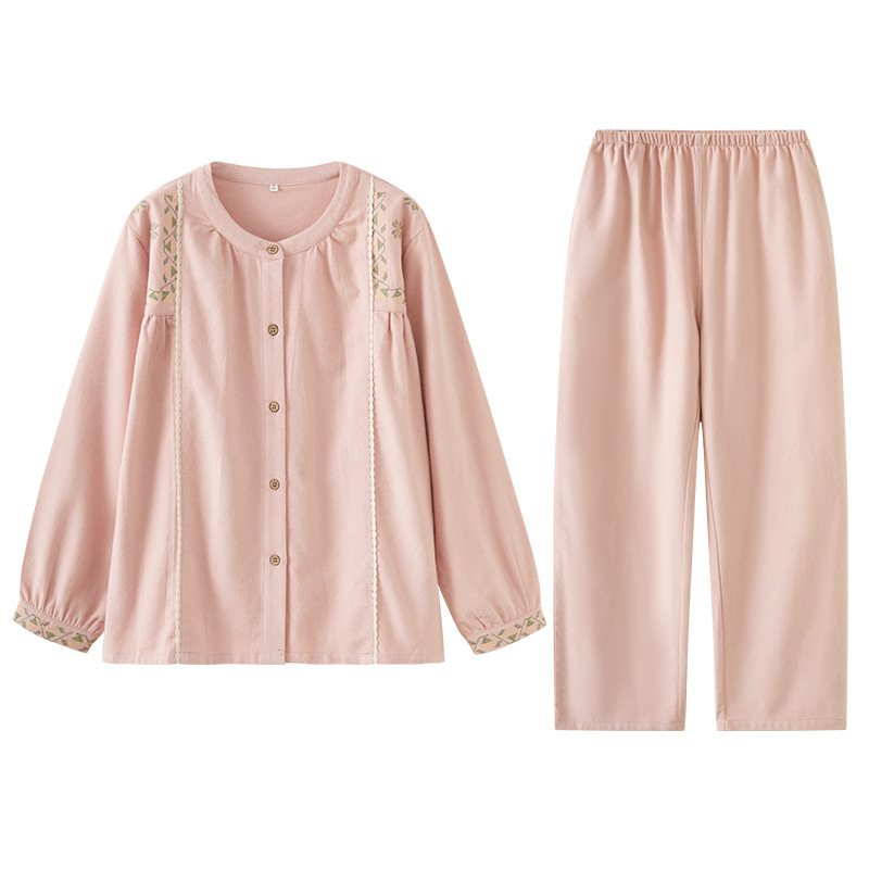 女士秋冬純棉磨毛刺繡袖口長袖長褲居家服