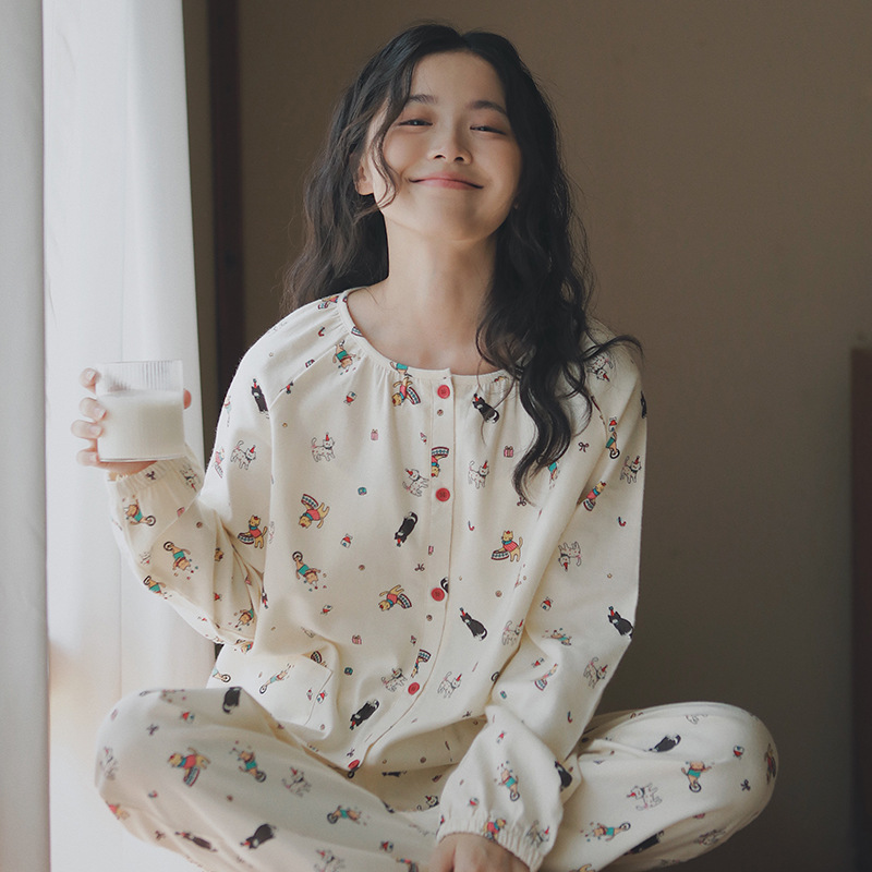 女士秋冬全棉磨毛絨布馬戲團圓領長袖長褲居家服