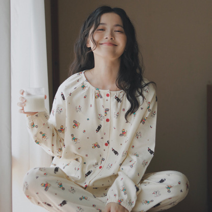 女士秋冬全棉磨毛絨布馬戲團圓領長袖長褲居家服