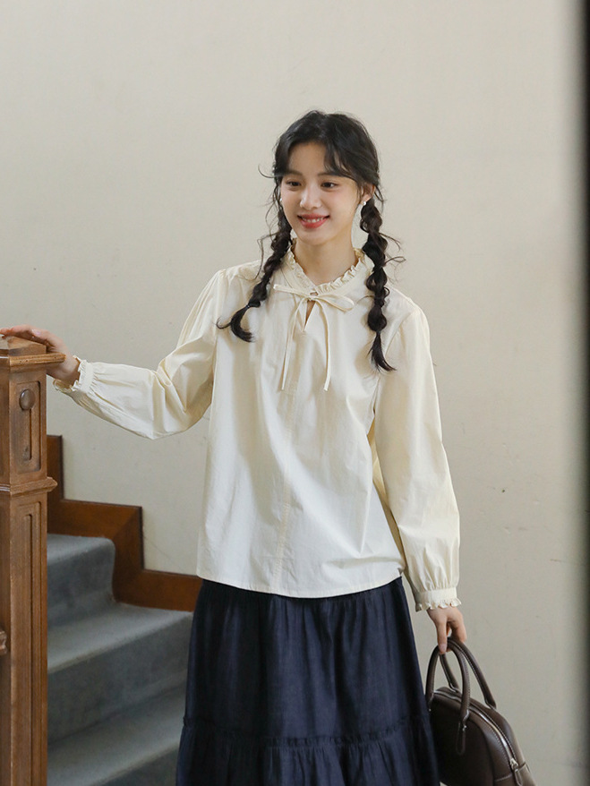 女春秋季系帶蝴蝶結長袖襯衫
