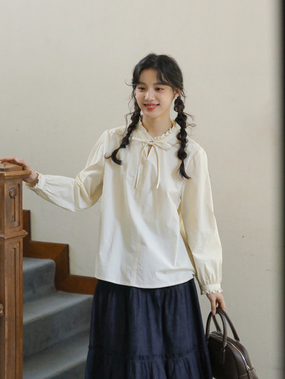 女春秋季系帶蝴蝶結長袖襯衫