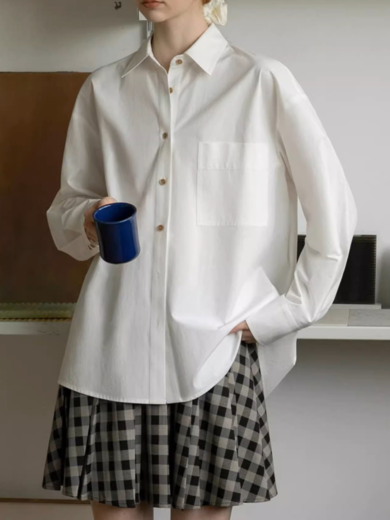 女士春季純棉蝴蝶結設計粉色襯衫