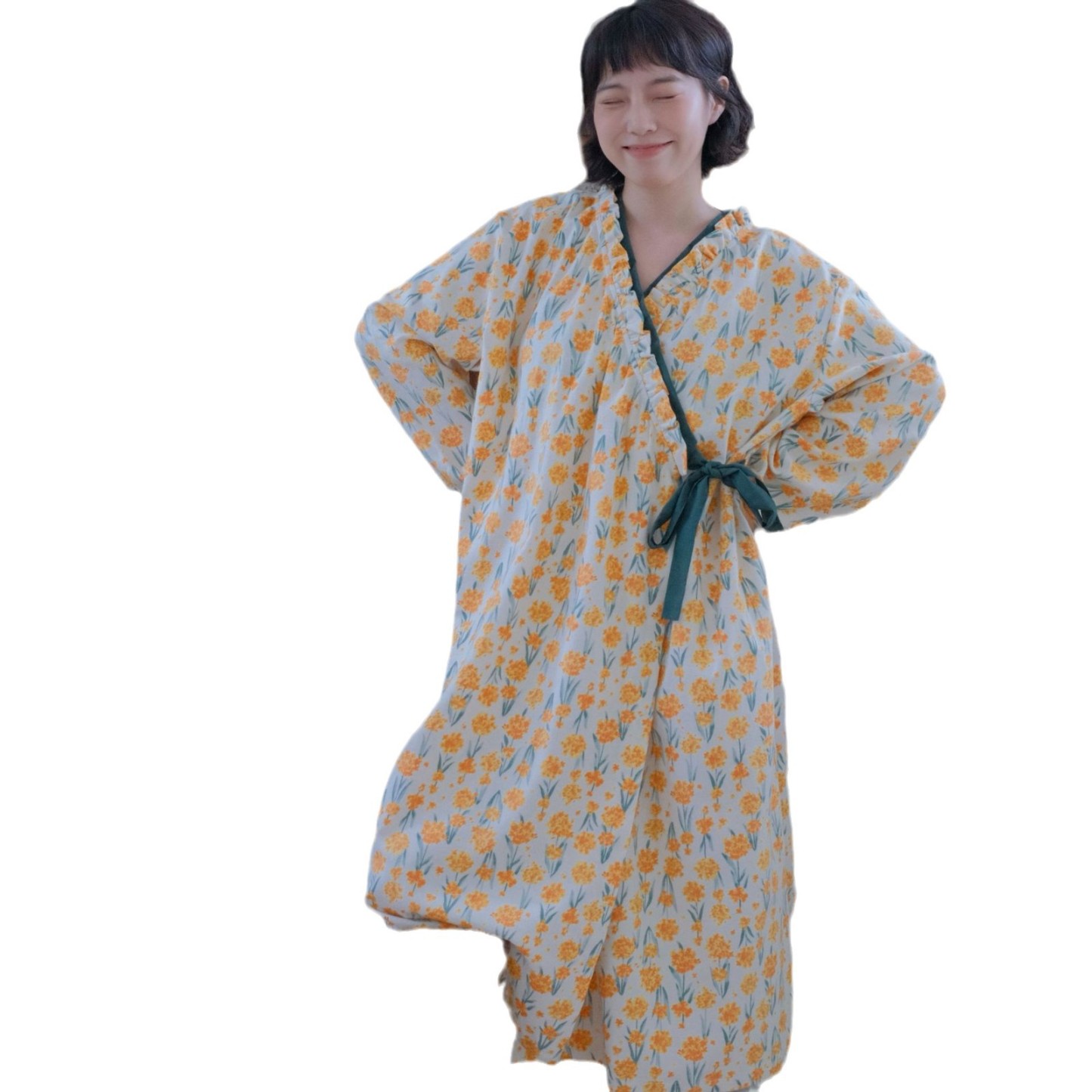 女士親膚磨毛碎花長袖交襟睡衣