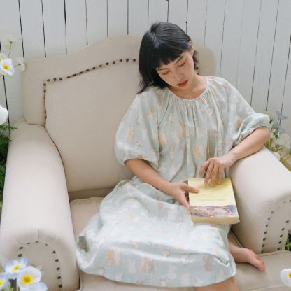 女士卡通ins風圓領連袖五分袖睡裙