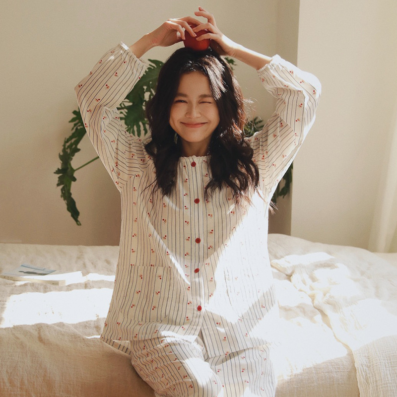 女春夏純棉花邊圓領長袖家居服