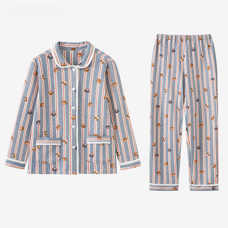 女士秋冬加厚空氣棉貓咪條紋長袖長褲居家服