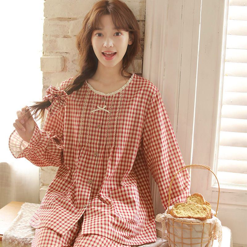 女士秋季純棉紗布格紋圓領長袖長褲居家服