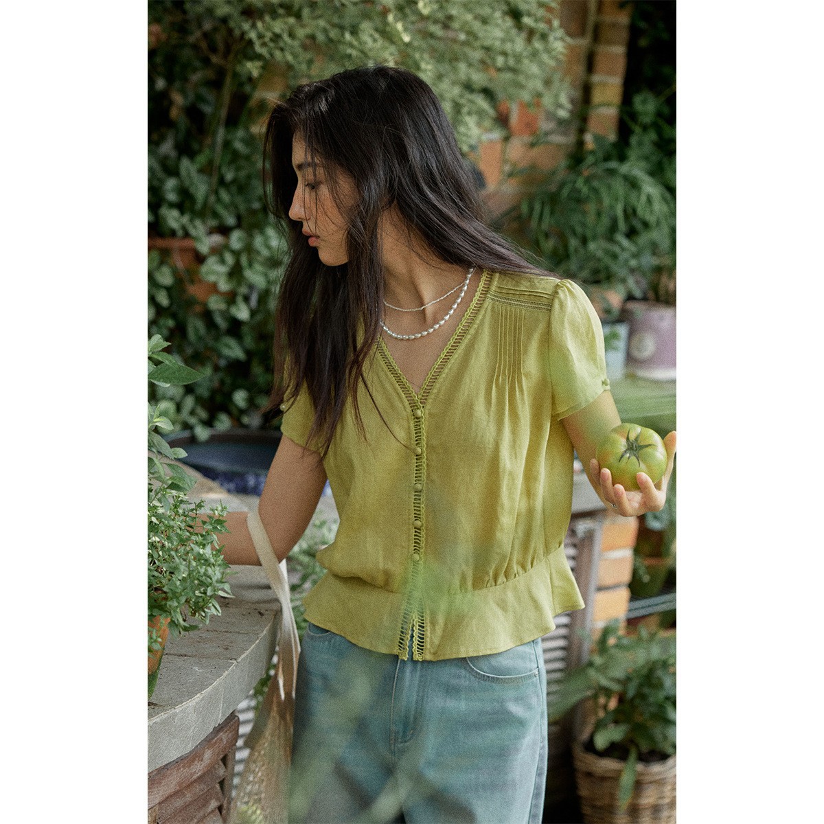 女夏萊賽爾v領荷葉邊短袖襯衫