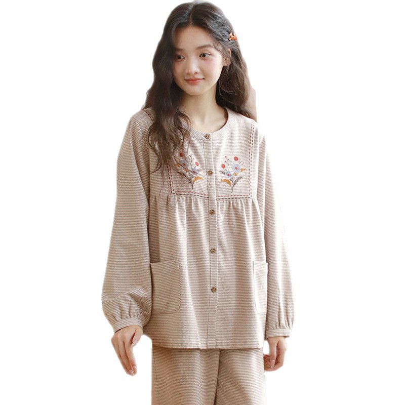 女士秋季純棉磨毛刺繡圓領長袖長褲居家服