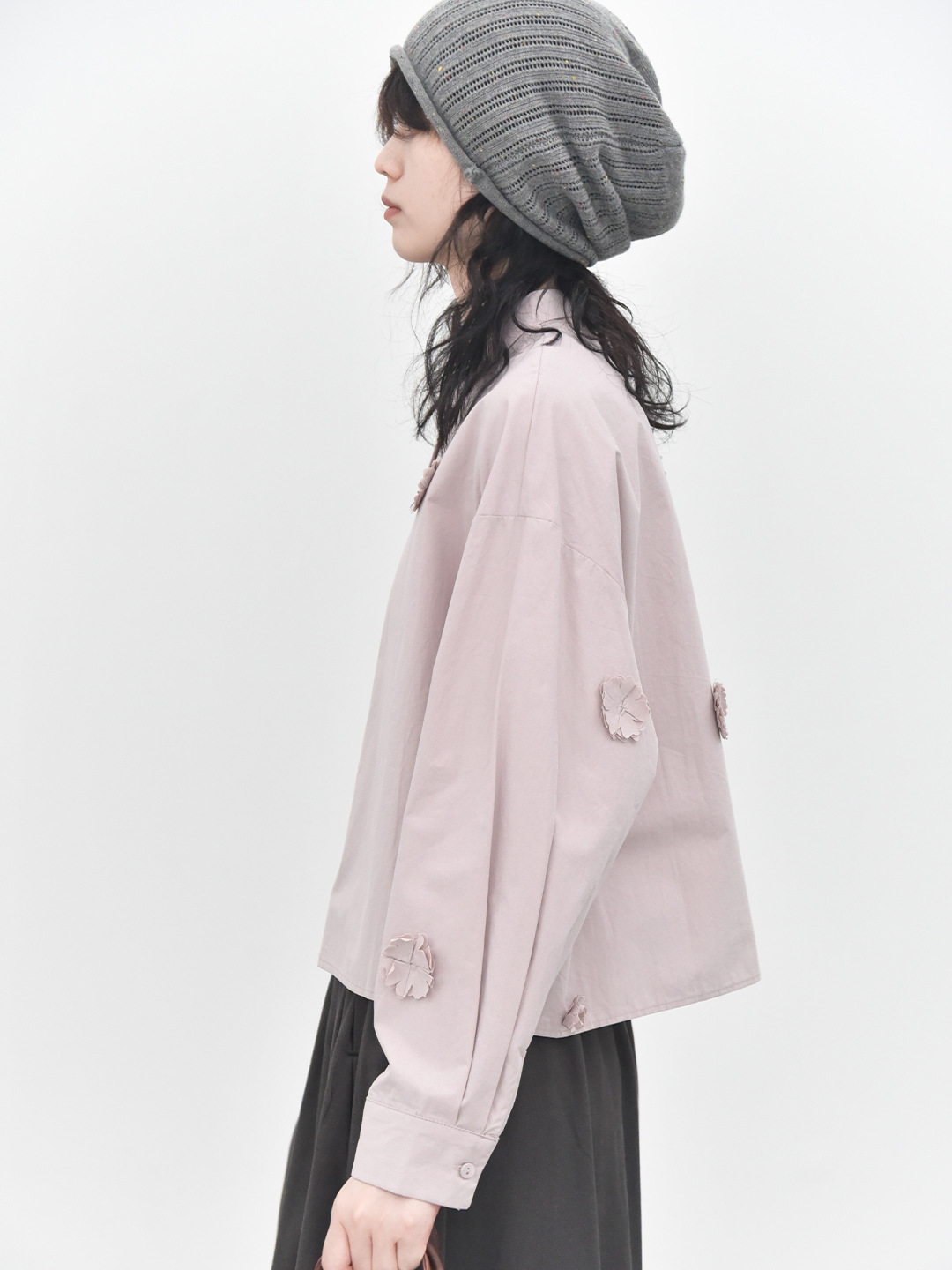 女士秋季立體花朵拼貼長袖襯衫