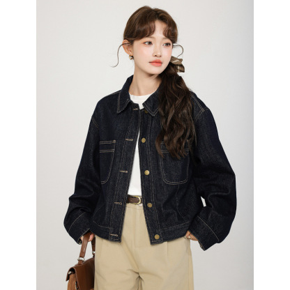 女士秋冬水洗藍格子袖口水洗牛仔外套