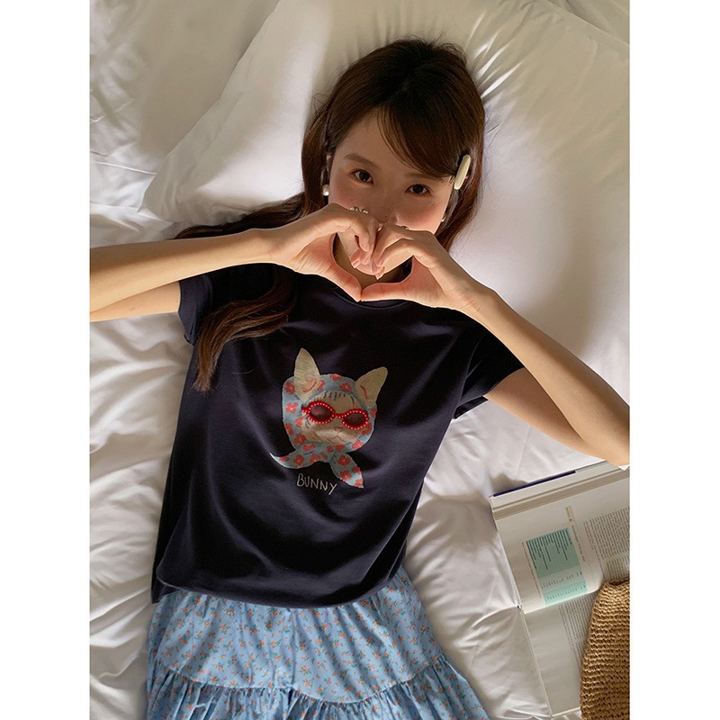 女夏韓系釘珠眼鏡印花T恤