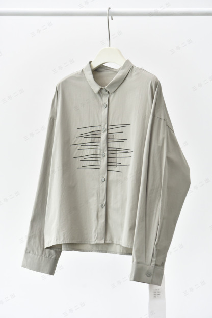 女士春秋簡約素描排線刺繡撞色貼布長袖襯衫