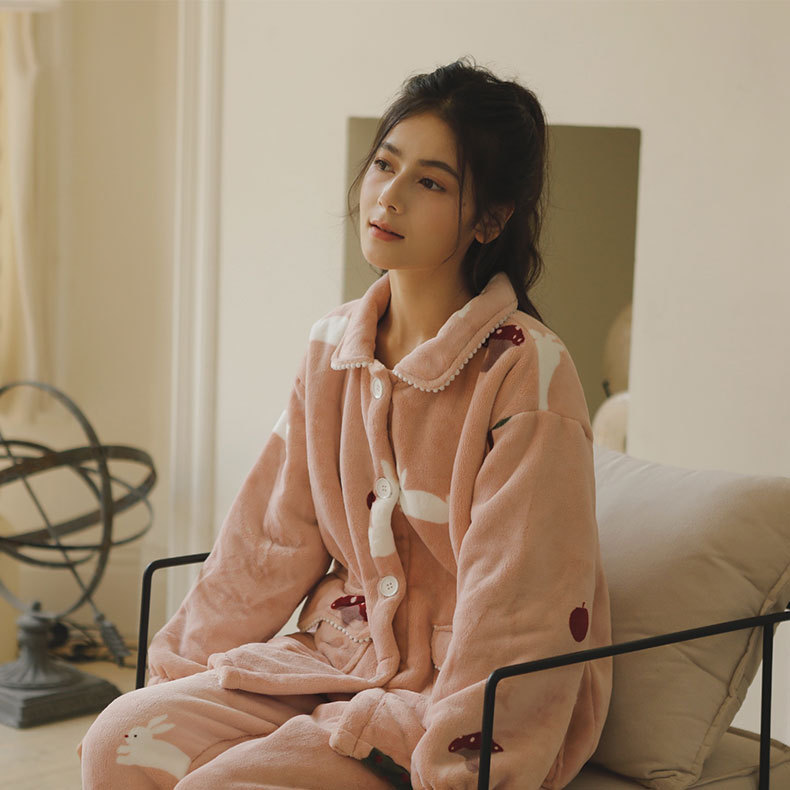 女秋冬加厚羊羔絨粉底白兔印花睡衣